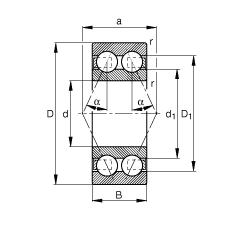 角接觸球軸承 3000-B-TVH, 雙列，接觸角 α = 25°