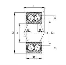 角接觸球軸承 3807-B-2RSR-TVH, 雙列，雙側(cè)唇密封，接觸角 α = 25°