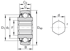 外球面球軸承 SK104-207-KRR-B-AH12, 球面外圈，內(nèi)圈帶六角形孔，兩側(cè) R 型密封