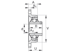 軸承座單元 RCJTY1/2, 對角法蘭軸承座單元，鑄鐵，根據(jù) ABMA 15 - 1991, ABMA 14 - 1991, ISO3228 內(nèi)圈帶有平頭螺栓，R型密封，英制